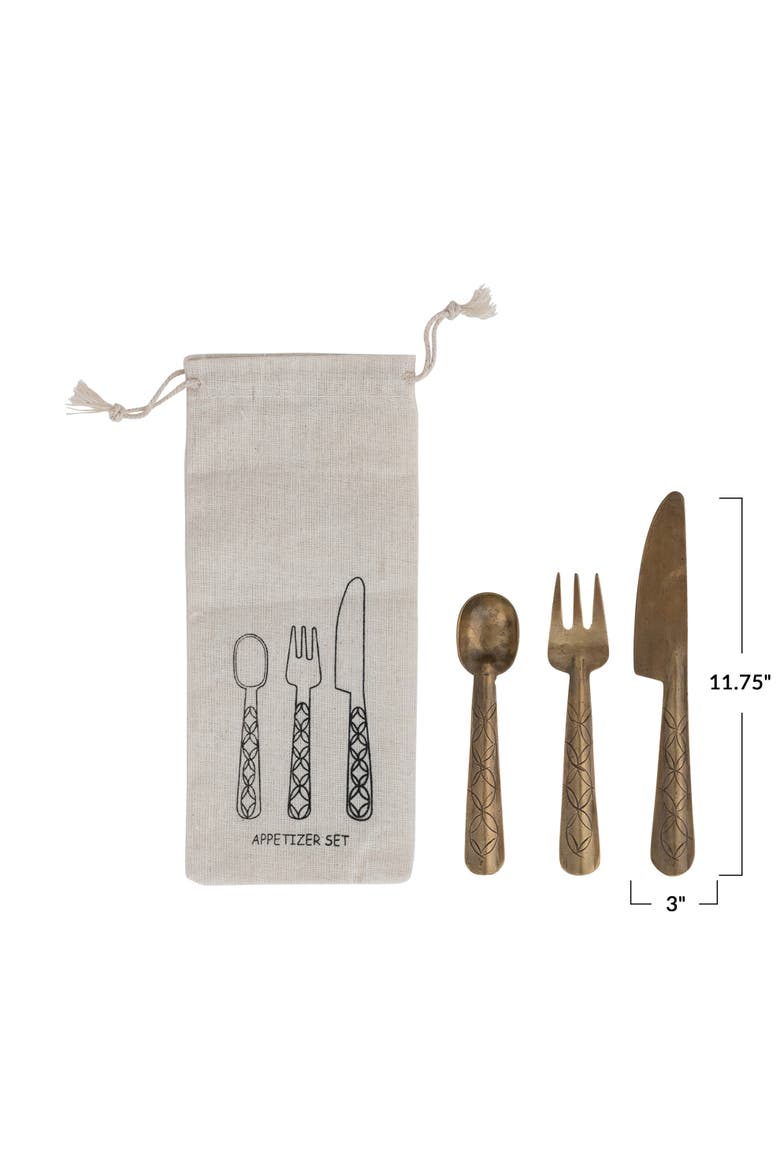 3-Piece Appetizer Utensils with Etched Handles, Alternate, color, Brass