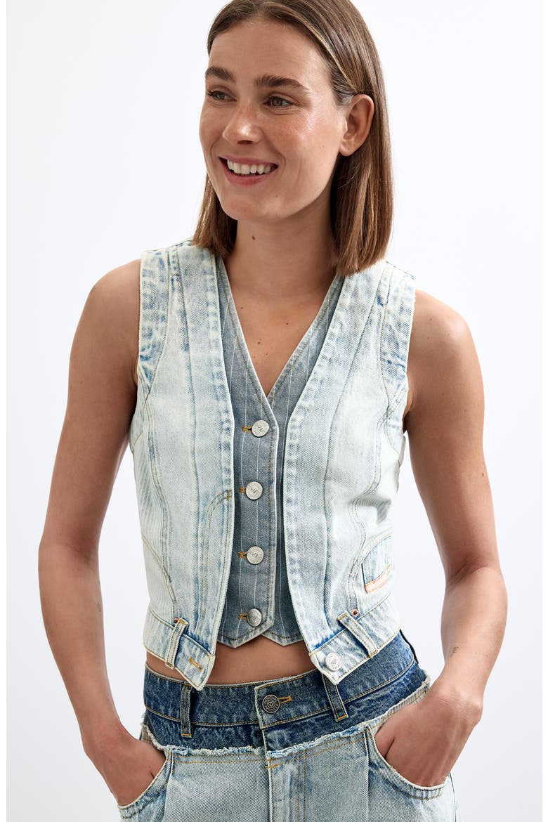 Layered Denim Vest, Alternate, color, LIGHT BLUE