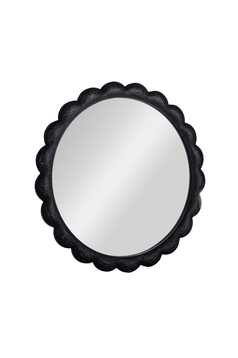 Round Scalloped Distressed Wood Wall Mirror, Black, Main, color, Black