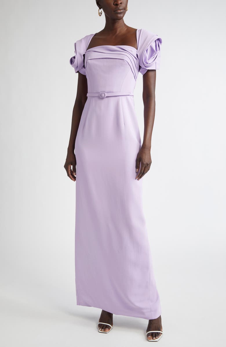 Oscar de la Renta Rosette Sleeve Stretch Cady Column Gown, Main, color, Thistle