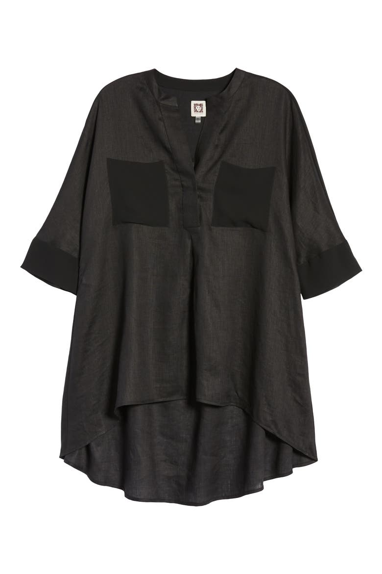 Asymmetrical Hem Linen Tunic Top, Alternate, color, ANNE BLACK