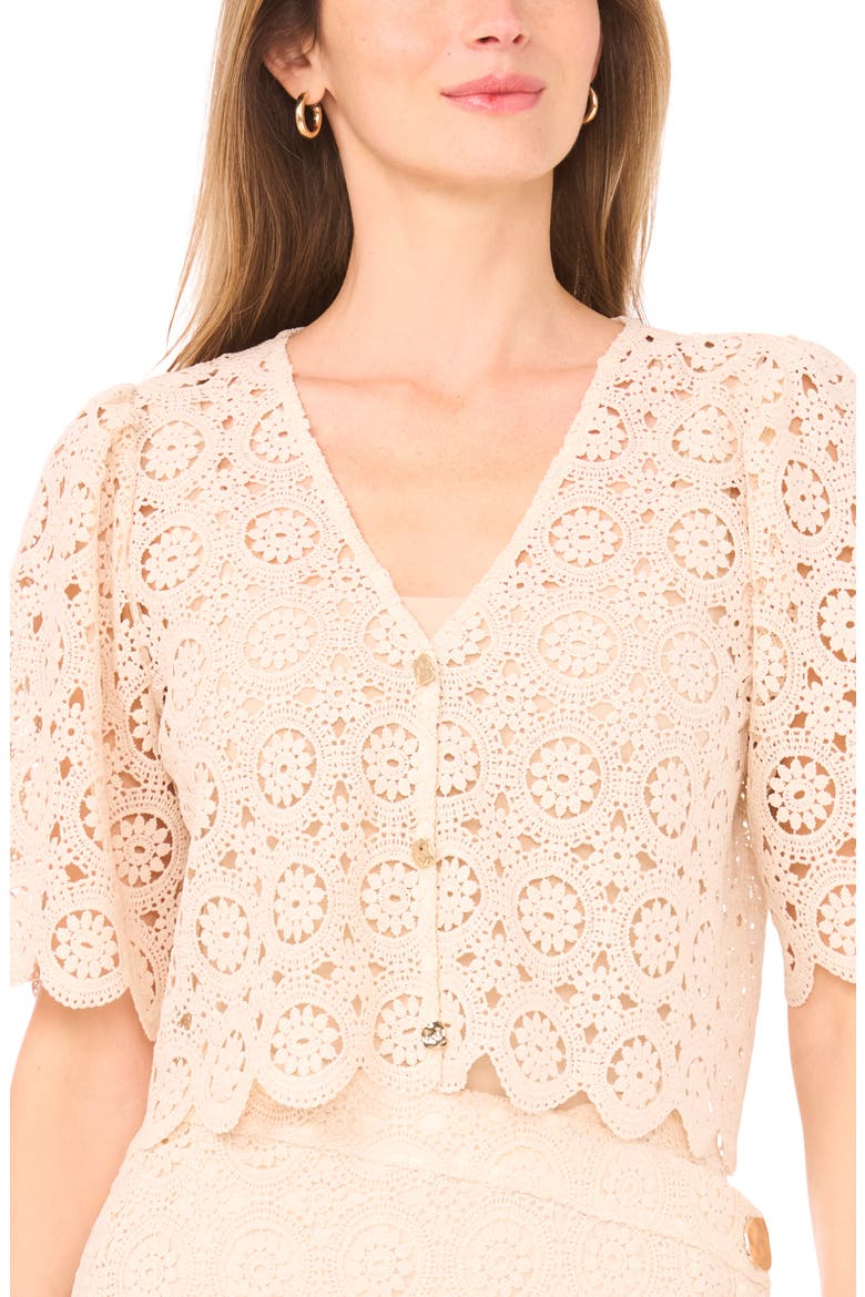 Eyelet Lace V-Neck Short Sleeve Top, Alternate, color, EGGNOG