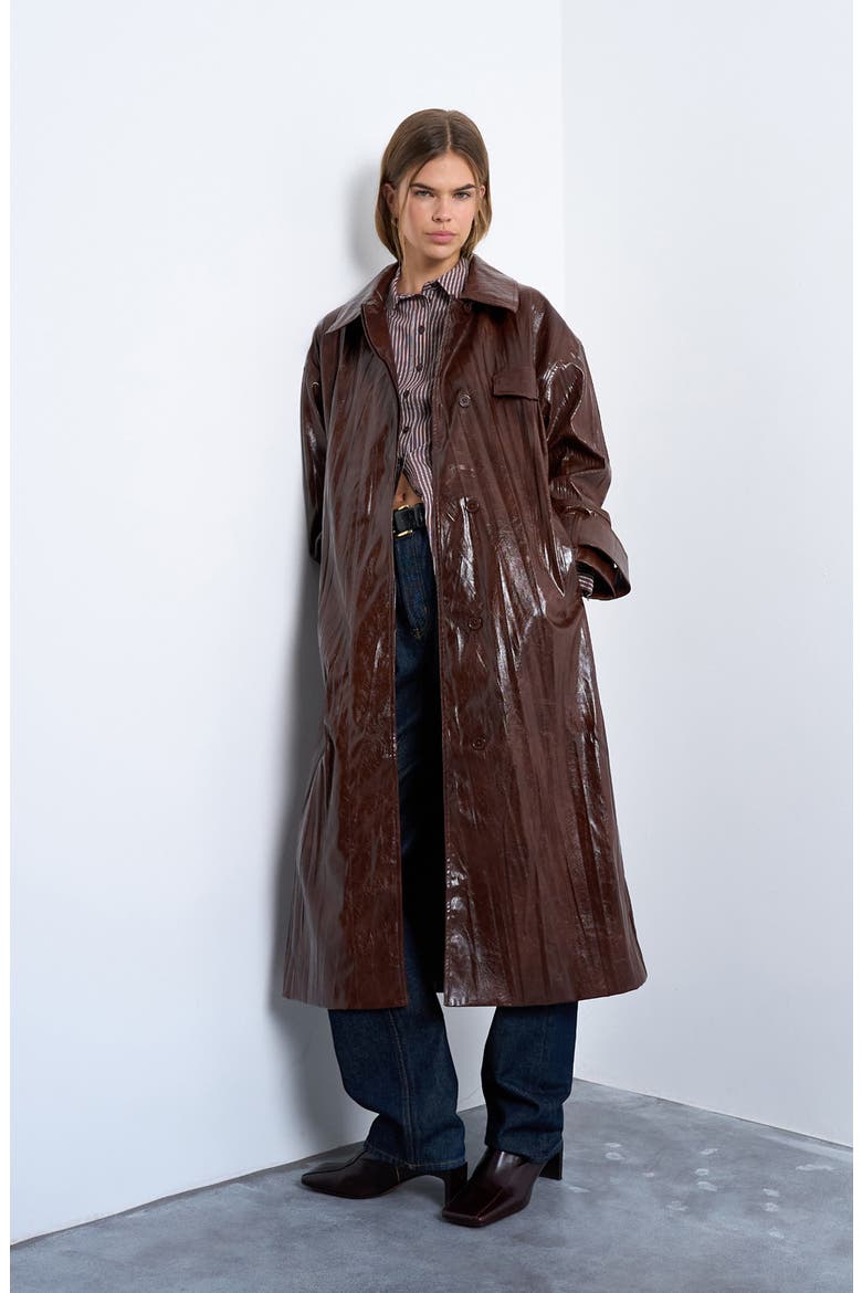 Faux Leather Trench Coat, Main, color, BROWN
