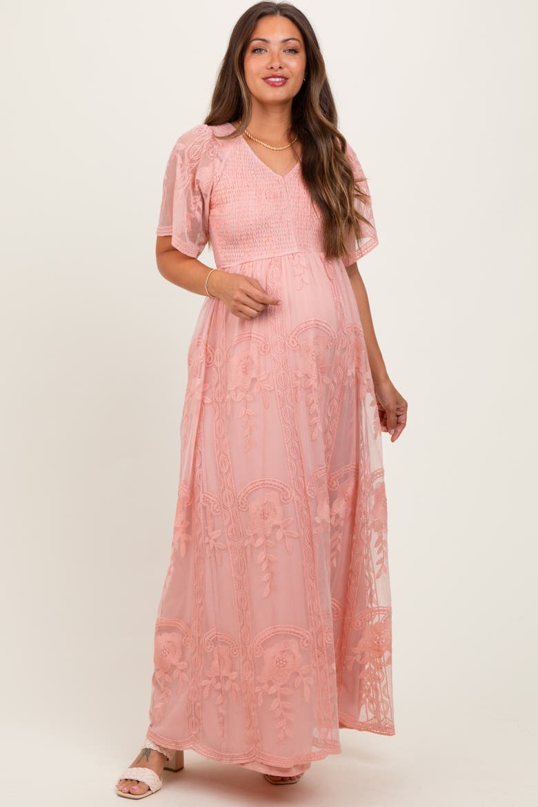 Smocked Top Lace Maxi Dress, Alternate, color, Pink