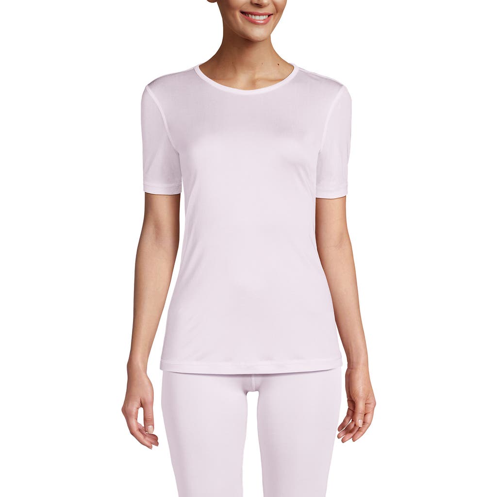 Lands' End Womens' Silk Interlock Short Sleeve Crewneck Long Underwear Thermal Baselayer Top In White