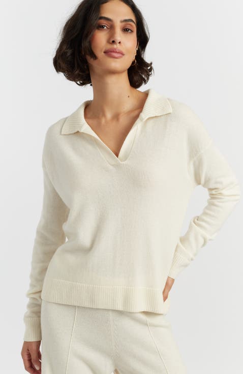 Wool Cashmere Blend V Neck Collared Sweater