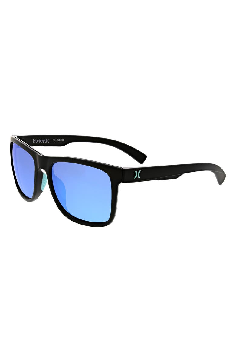 Hurley 56mm Polarized Square Sunglasses, Alternate, color, Matte Black/Blue