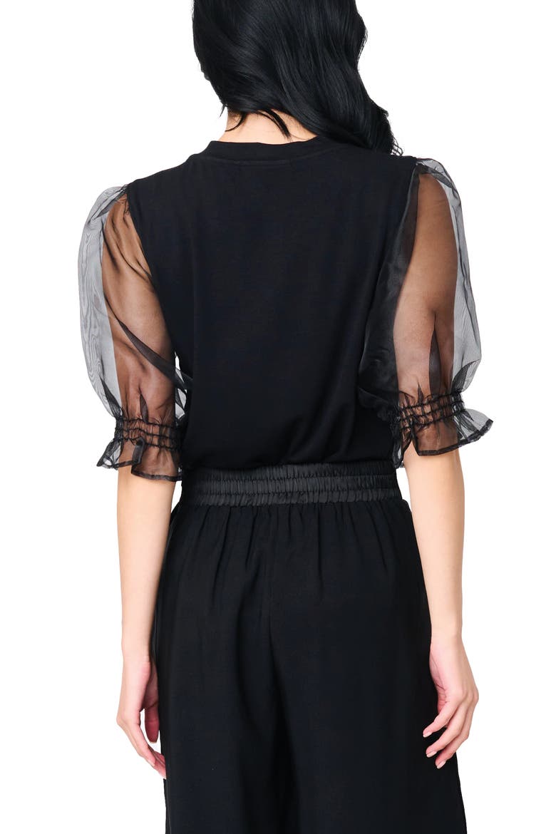 Mixed Media Organza Puff Sleeve Ponte Top, Alternate, color, BLACK
