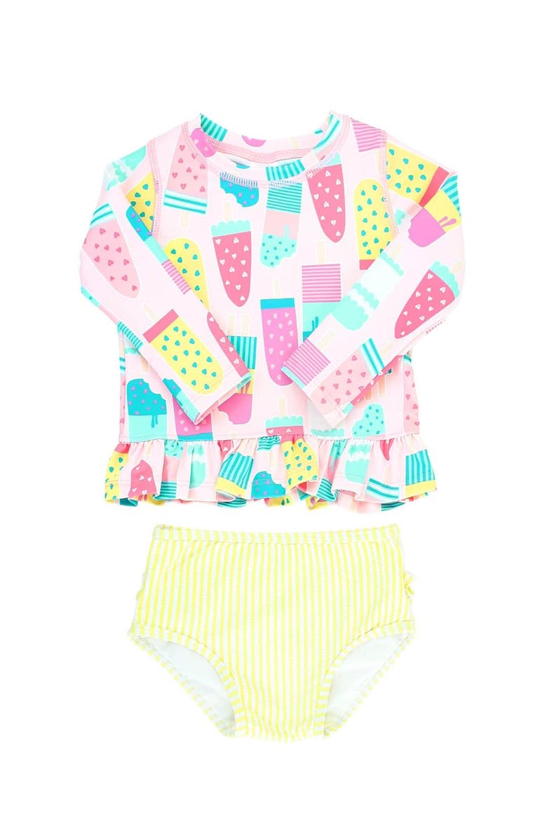 RuffleButts Toddler Girls Long Sleeve Ruffle Hem UPF50+ Rash Guard Bikini, Main, color, Ice Cream Social