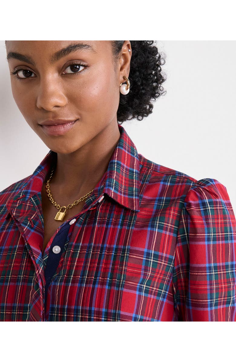 vineyard vines Plaid Long Sleeve Stretch Cotton Popover Dress, Alternate, color, Yuletide Tartan Medium Red