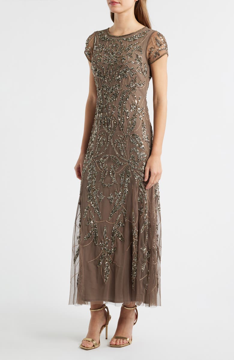 Pisarro Nights Beaded Mesh Midi Cocktail Dress, Alternate, color, Mocha