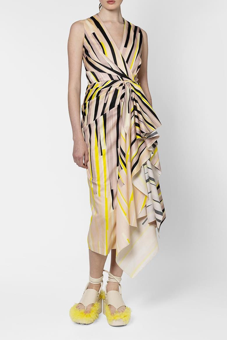 Esra Stripe Cotton Fitted Midi Dress, Alternate, color, Collage Print Yellow / Black