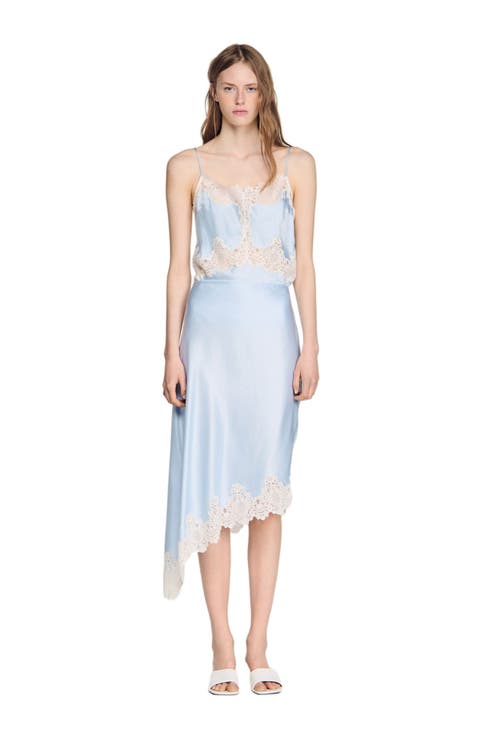 Asymmetrical satin skirt with lace