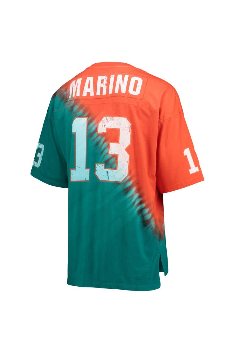 Men's Mitchell & Ness Dan Marino Orange/Aqua Miami Dolphins Retired Player Name & Number Diagonal Tie-Dye V-Neck T-Shirt, Alternate, color, Orange