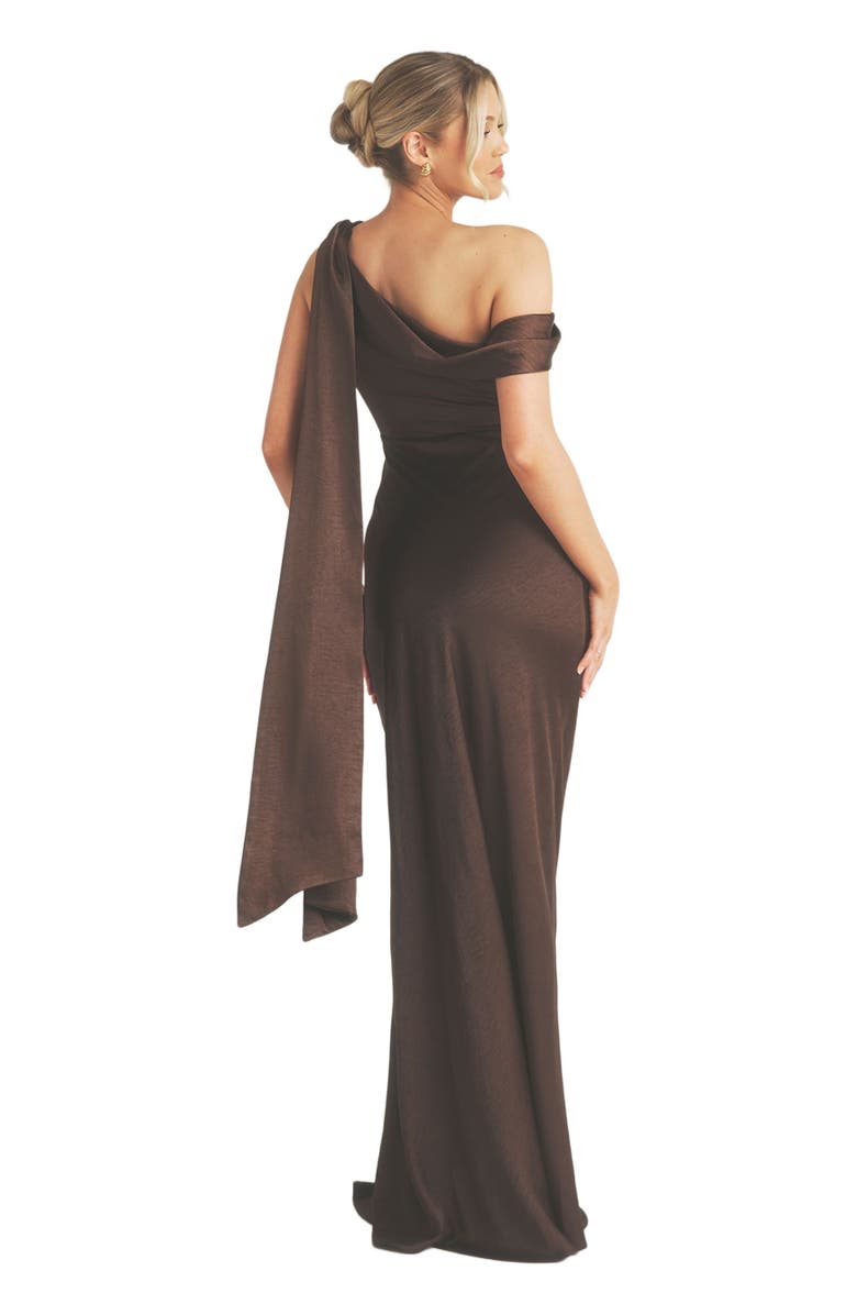 Six Stories One Shoulder Drape Bridesmaid Dress, Alternate, color, Chocolate
