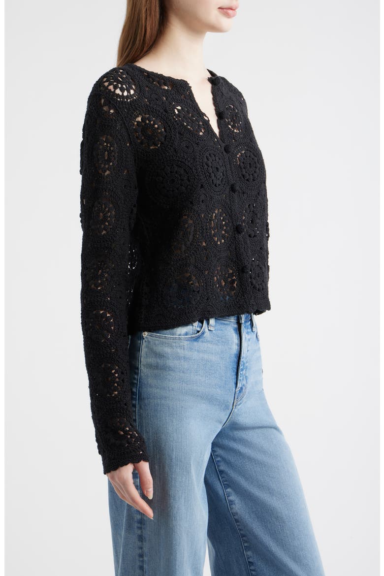 The Crochet Cotton Button-Up Cardigan, Alternate, color, BLACK