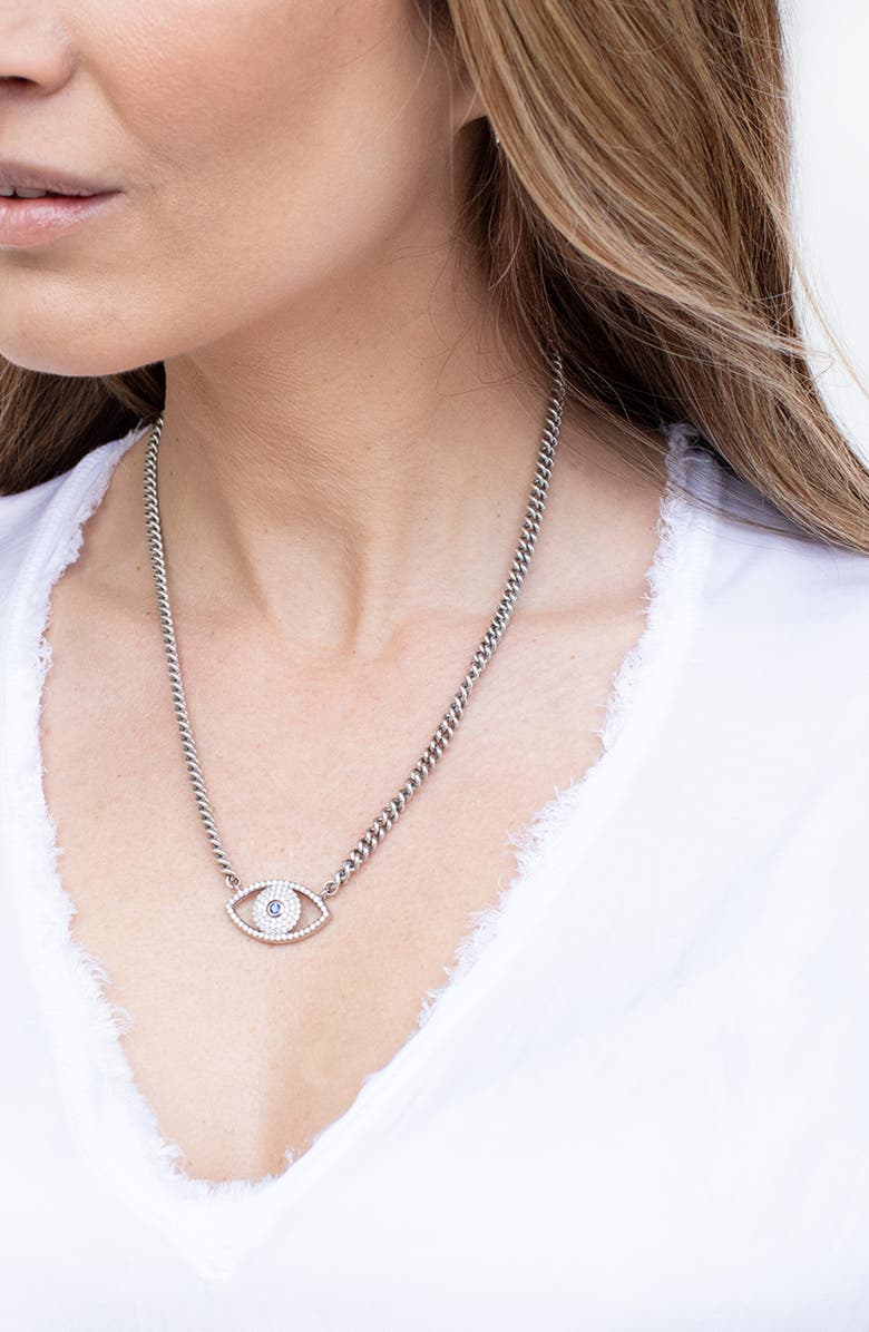 Sheryl Lowe Evil Eye Curb Chain Necklace, Alternate, color, Sterling Silver