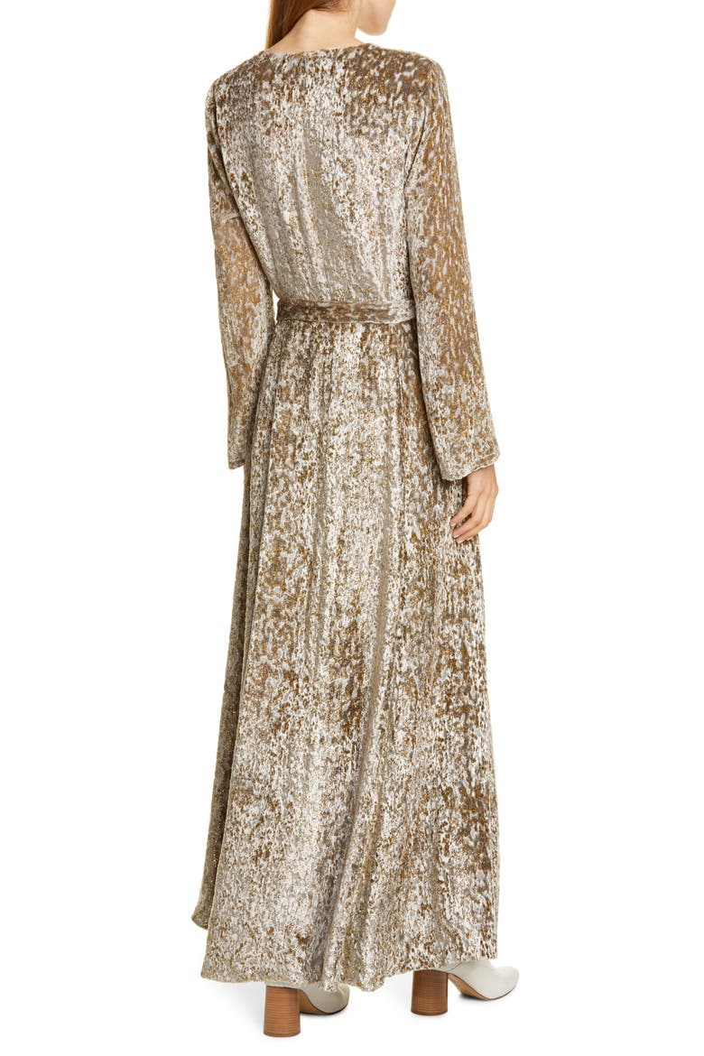 Belted Long Sleeve Metallic Velvet Gown, Alternate, color, GOLD