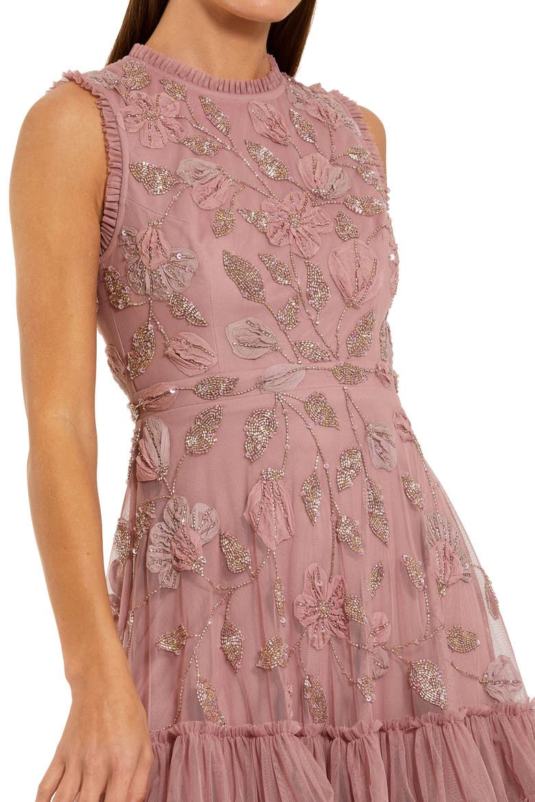 High Neck Sleeveless Beaded Dress With Ruffled Hem, Alternate, color, Antique Rose