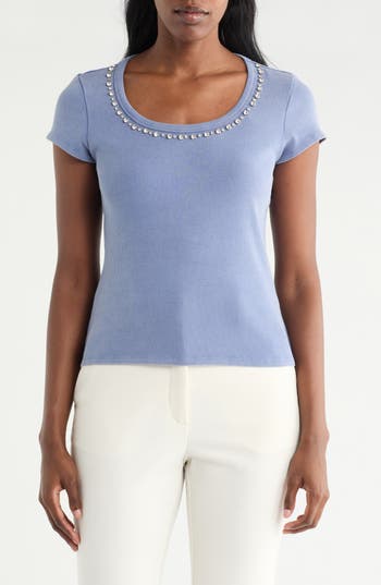 Cyrus Rhinestone Trim T-shirt In Blue