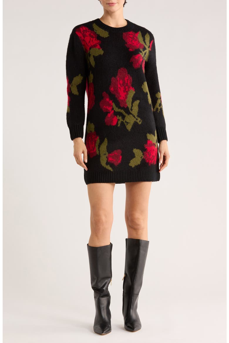 Rose Jacquard Long Sleeve Sweater Dress, Main, color, RICH BLACK