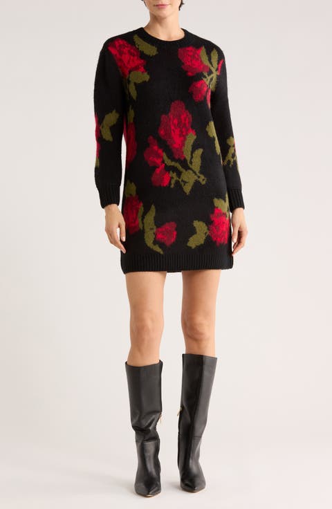 Rose Jacquard Long Sleeve Sweater Dress