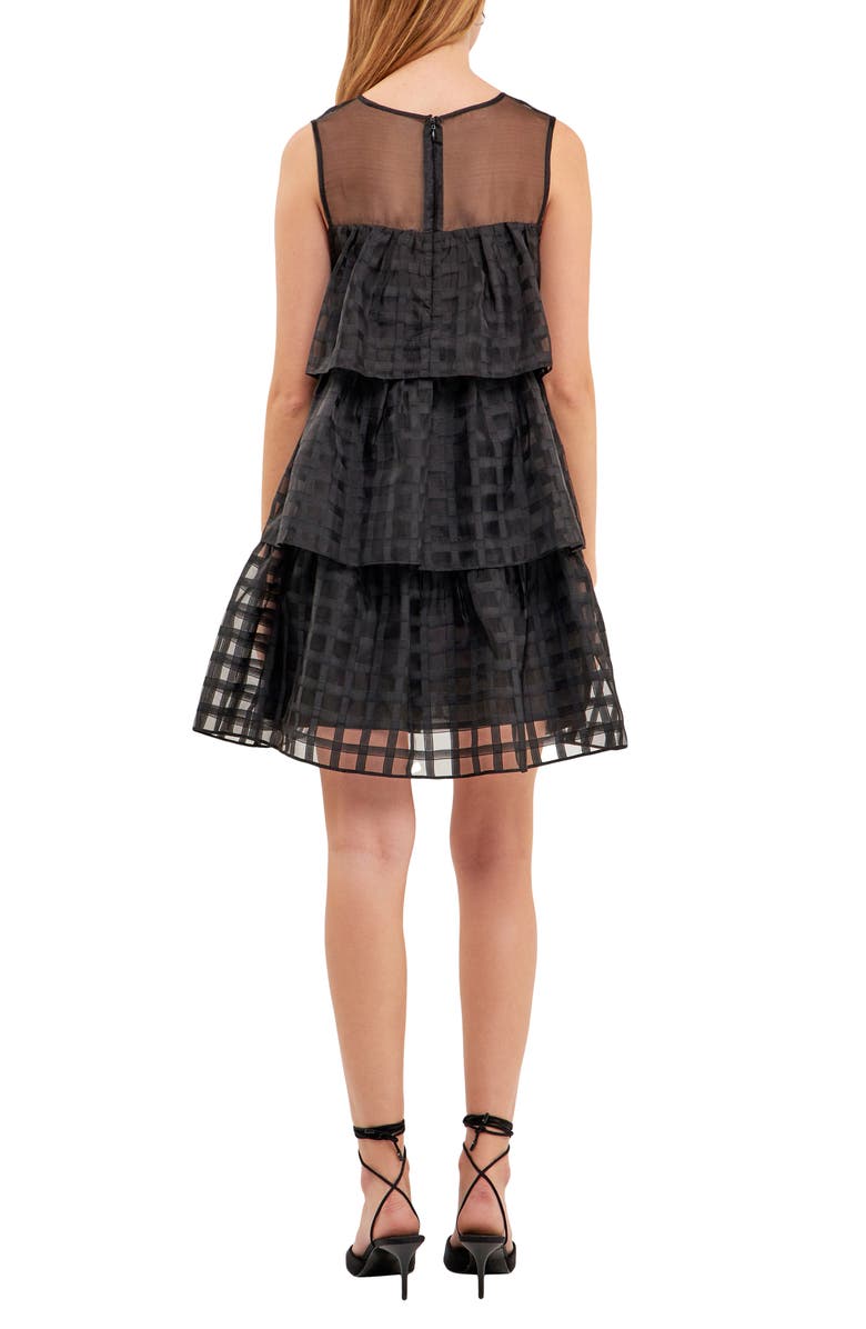 English Factory Grid Pattern Tiered Organza Minidress, Alternate, color, Black