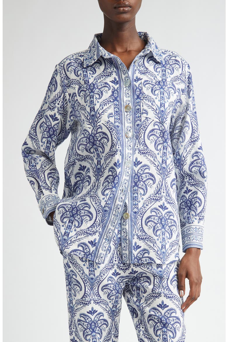 Tropical Print Linen Blend Button-Up Shirt, Main, color, OFF-WHITE