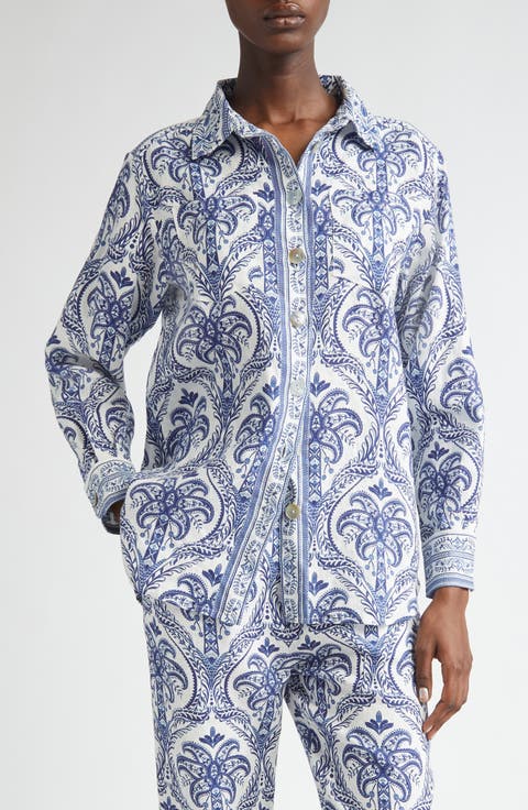 Tropical Print Linen Blend Button-Up Shirt