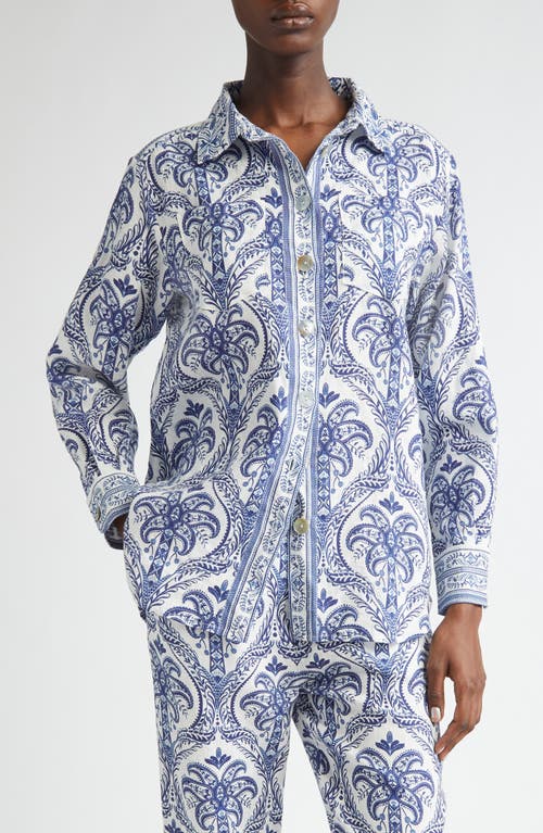 Shop Farm Rio Tropical Print Linen Blend Button-up Shirt In Off-white