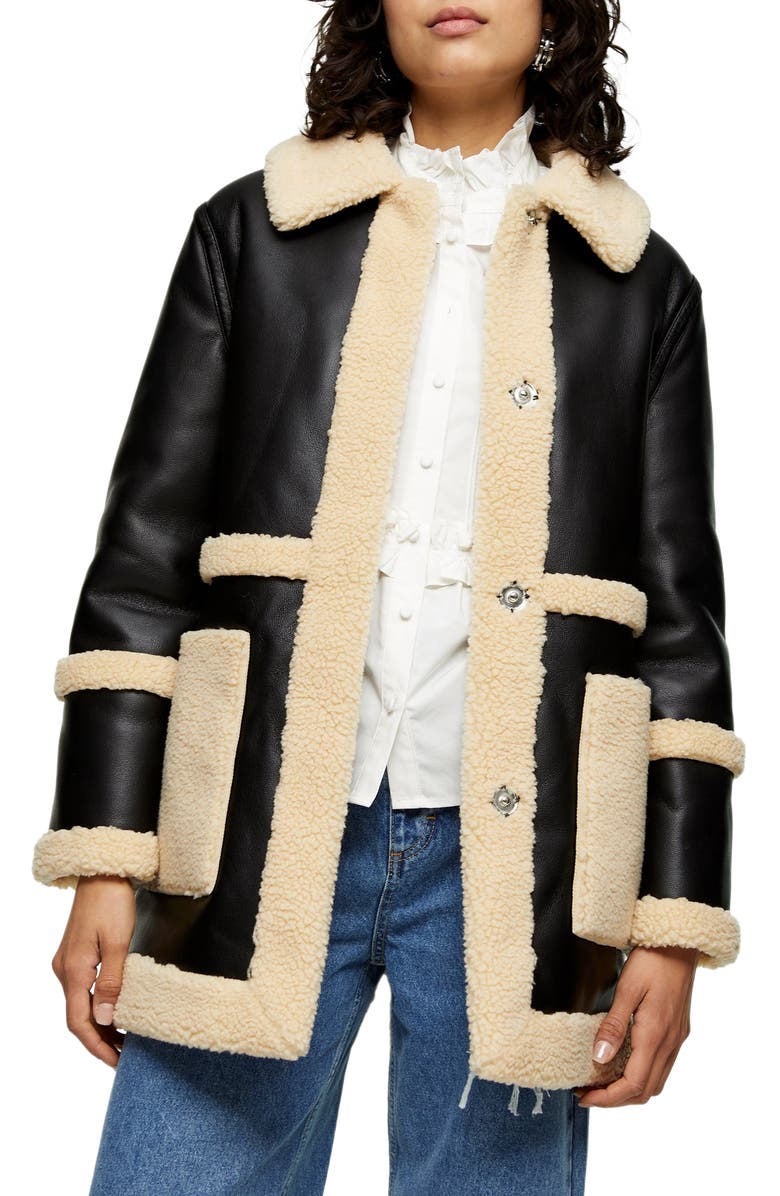 Topshop Raven Reversible Faux Shearling Coat, Main, color,