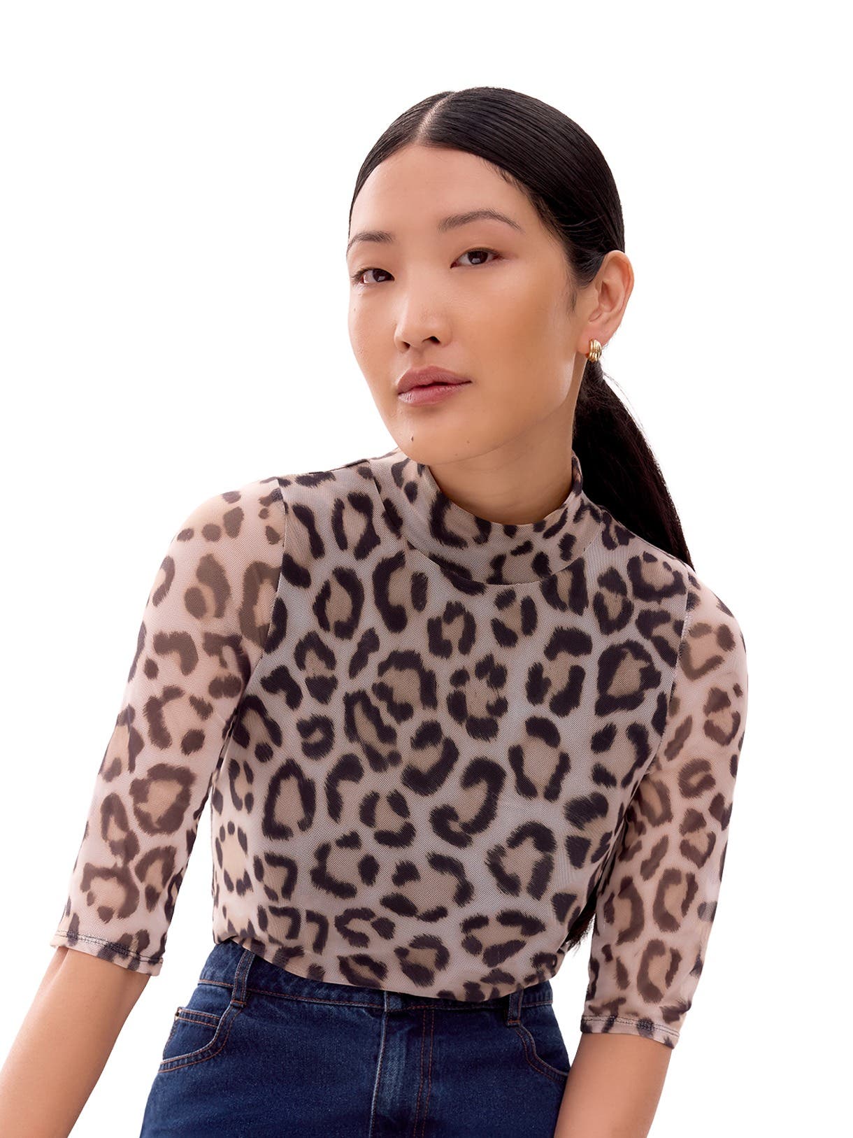 Long Sleeve Print Mesh Top