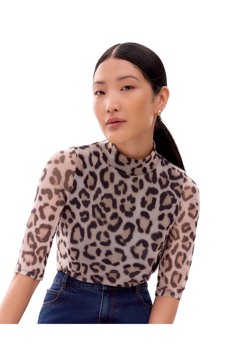 Long Sleeve Print Mesh Top, Main, color, Brown