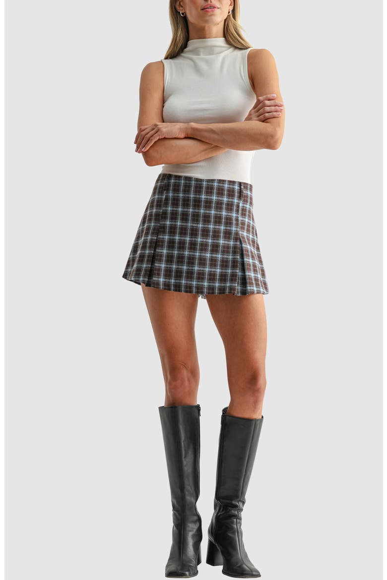 Plaid Pleated Mini Skort, Alternate, color, BROWN BLUE PLAID