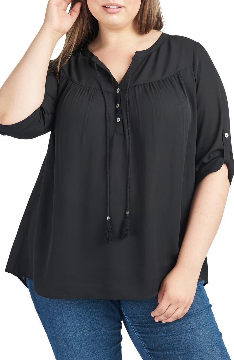 DR2 by Daniel Rainn Rolled Sleeve Tassel Neck Blouse, Main, color,