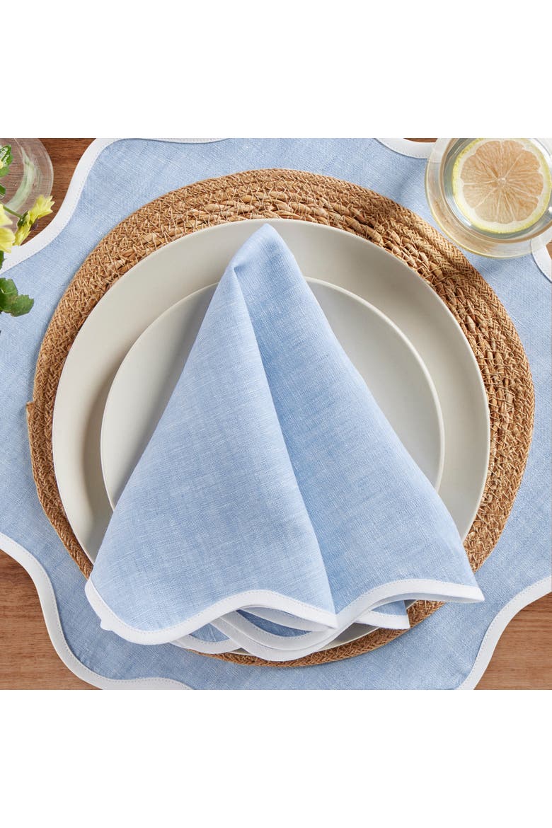 Linen Dinner Napkins Set of 4, 20 Inch Round - Giselle Scallop Edge, Alternate, color, White and Chambray Blue