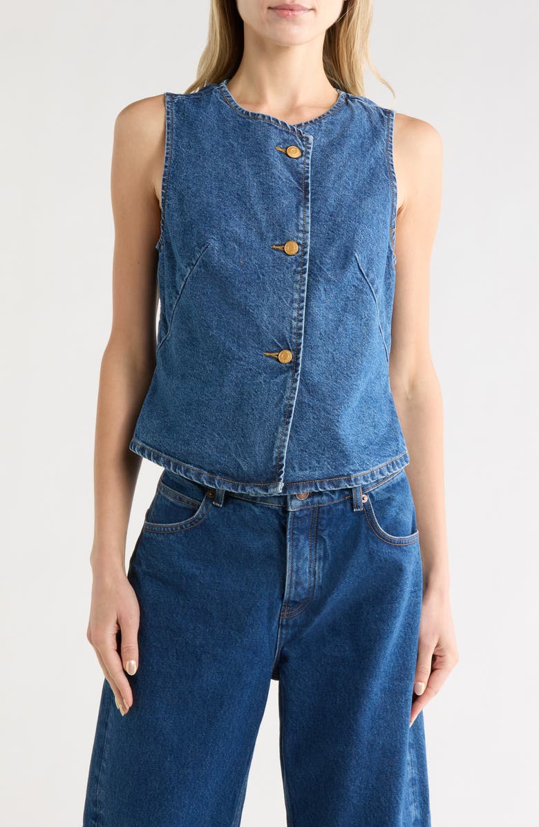 Current/Elliott Fitted Button Front Denim Vest, Main, color, Medium Wash
