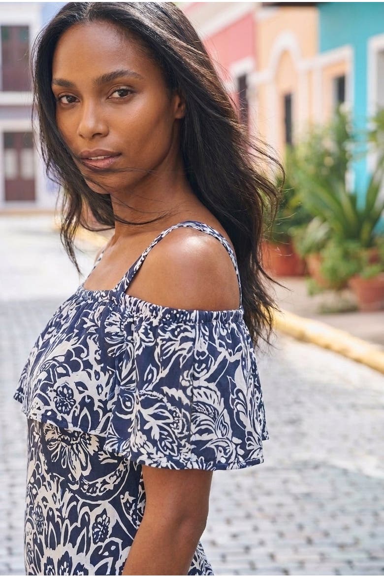 Cold Shoulder A Line Maxi Dress, Alternate, color, NAVY SCROLL MEDALLION