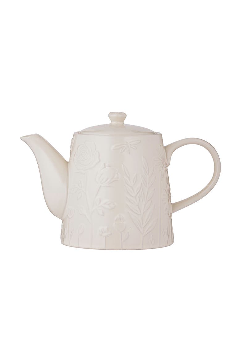 In the Meadow Teapot, 34 fl oz Stoneware Teapot with Embossed Floral Design, Main, color, Cream