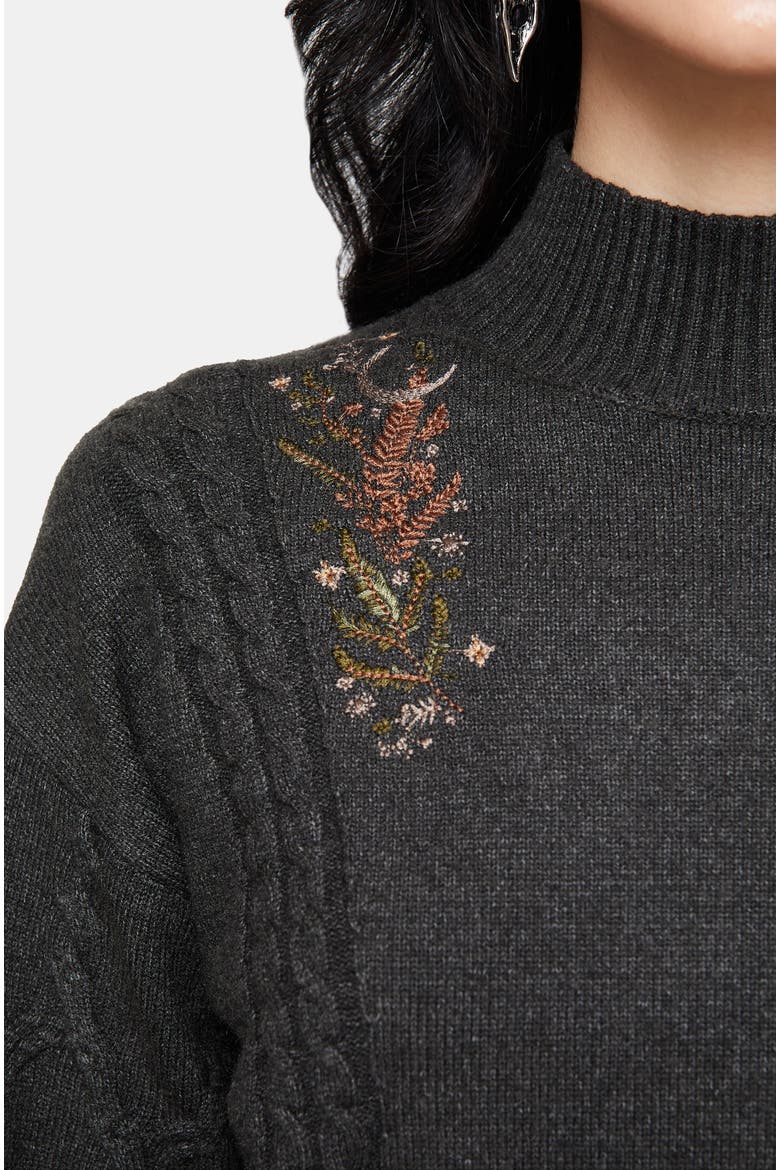 Abellona Embroidered Cable Knit Sweater, Alternate, color, Charcoal