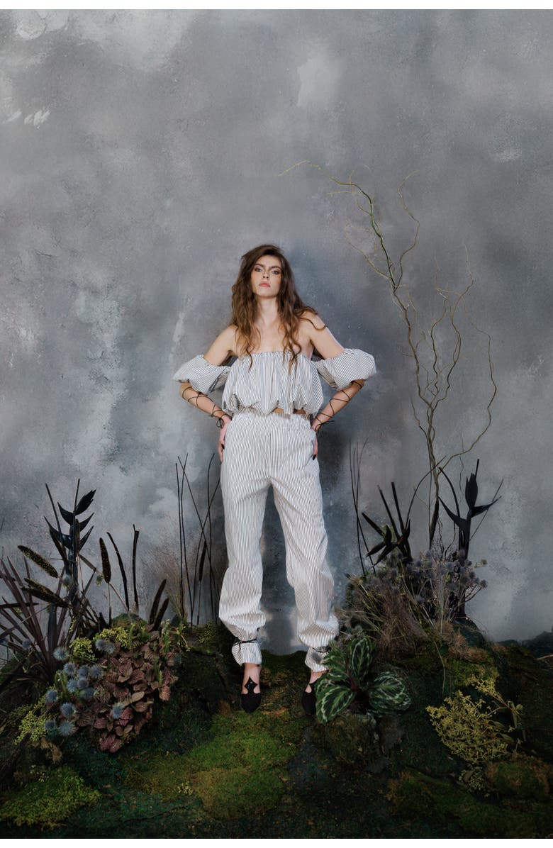 Contessa Mills Good Striped Bubble Silhouette Off-Shoulder Crop Top, Alternate, color, Black-White