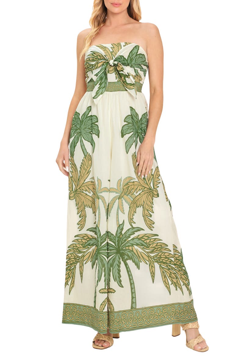 Placed Print Strapless Cotton Maxi Dress, Main, color, IVORY OLIVE