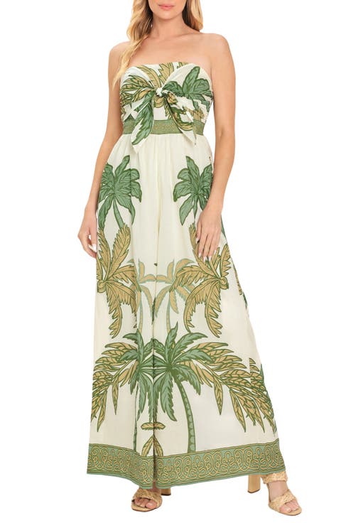 Placed Print Strapless Cotton Maxi Dress