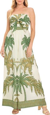 FLYING TOMATO Placed Print Strapless Cotton Maxi Dress