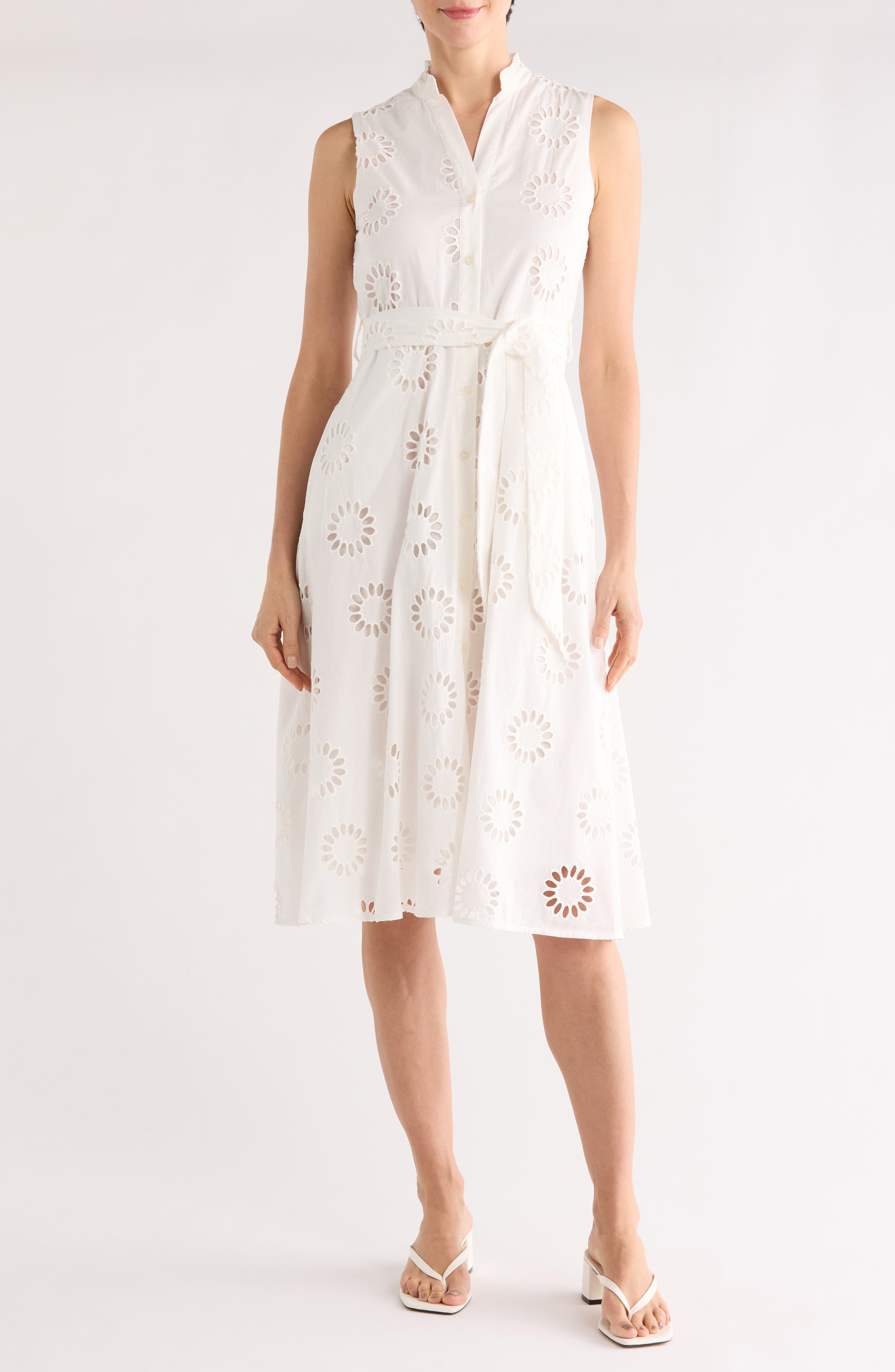 T Tahari Embroidered Eyelet Sleeveless Cotton Midi Dress