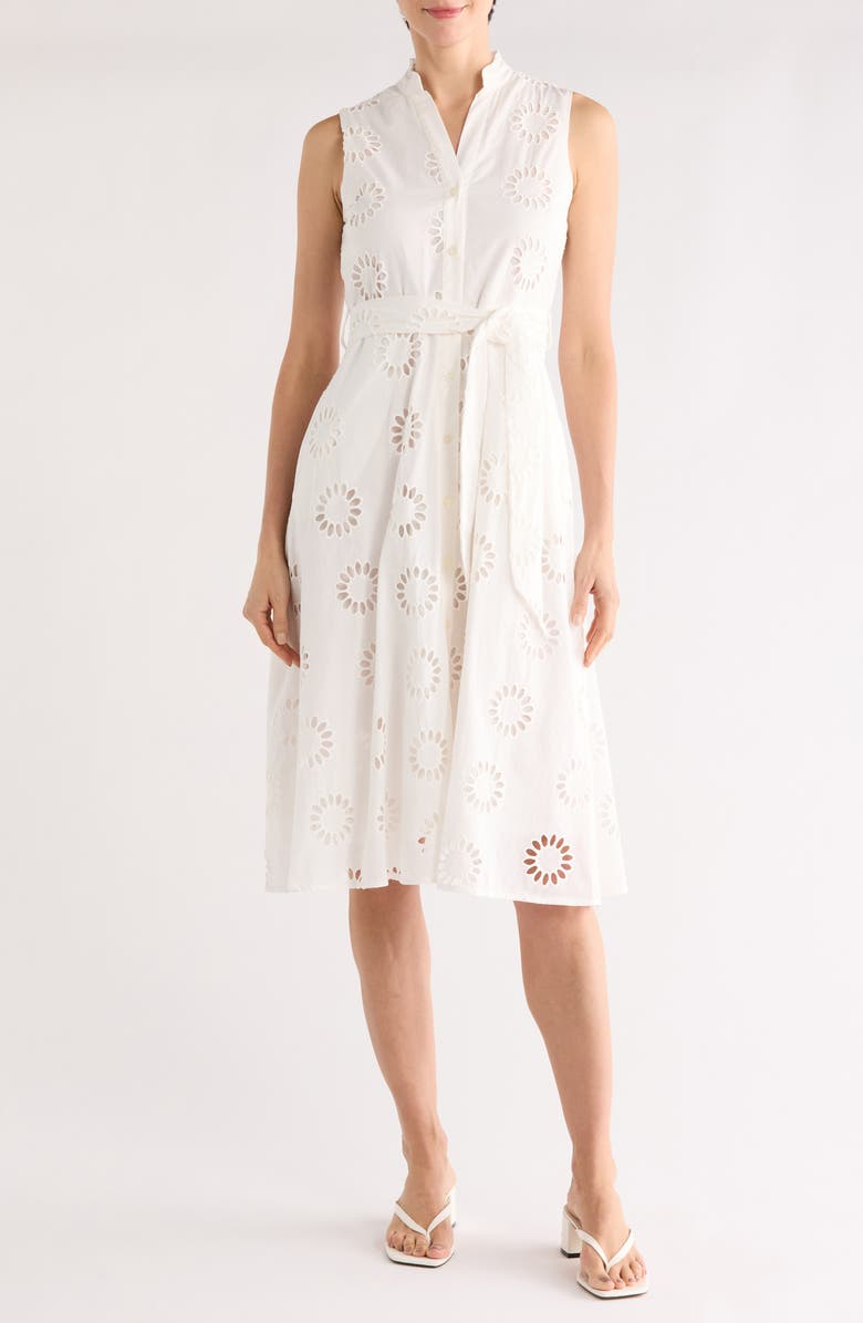 T Tahari Embroidered Eyelet Sleeveless Cotton Midi Dress, Main, color, White Star
