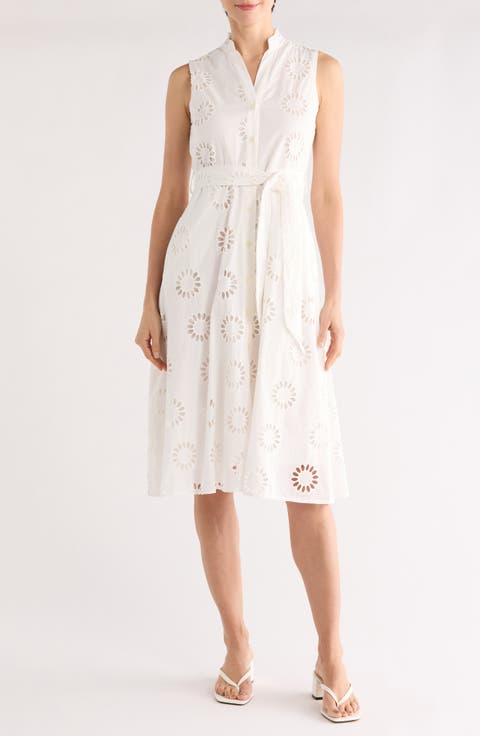 Embroidered Eyelet Sleeveless Cotton Midi Dress
