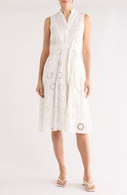 T Tahari Embroidered Eyelet Sleeveless Cotton Midi Dress