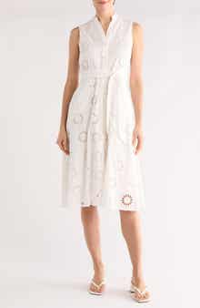 T Tahari Embroidered Eyelet Sleeveless Cotton Midi Dress