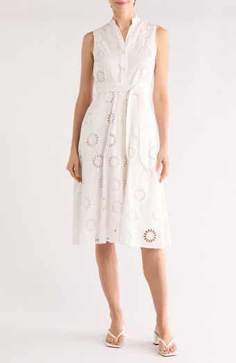 T Tahari Embroidered Eyelet Sleeveless Cotton Midi Dress